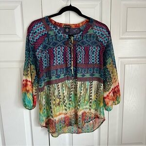New Directions Womens Sheer Lace Tie Neck Top Sz S Boho Peasant Hippie Festival